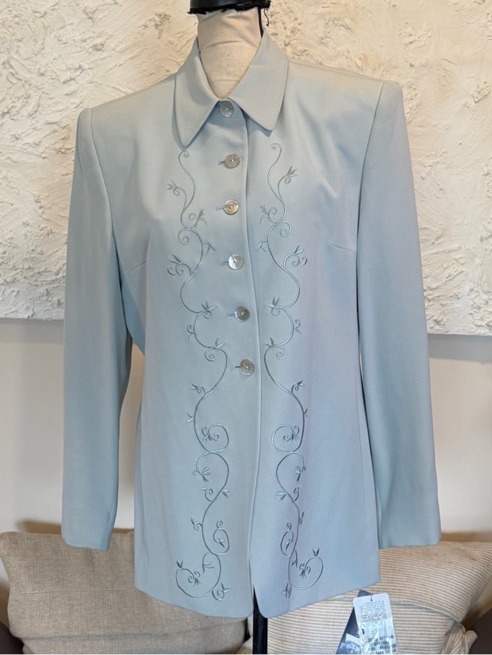 Rena Rowan Blazer Jacket Career Embroidered Silk Sky Blue Sz 14 NWT $159 VINTAGE